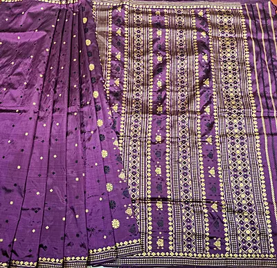 Assam Paat Silk Saree in dark Aubergine with Black and Mustard Woven Motifs