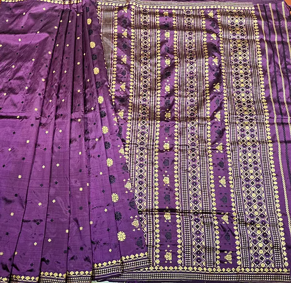 Assam Paat Silk Saree in dark Aubergine with Black and Mustard Woven Motifs