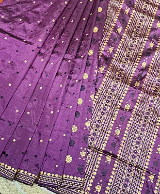 Assam Paat Silk Saree in dark Aubergine with Black and Mustard Woven Motifs