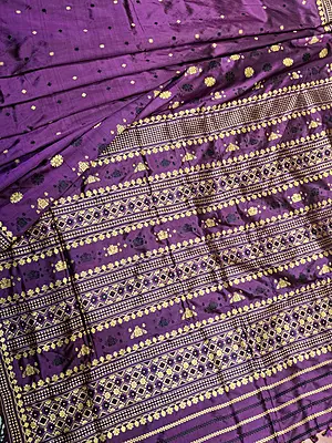 Assam Paat Silk Saree in dark Aubergine with Black and Mustard Woven Motifs