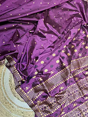 Assam Paat Silk Saree in dark Aubergine with Black and Mustard Woven Motifs