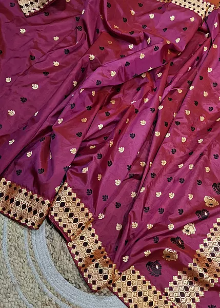 Assam Paat Silk Saree in Orange & Rani Pink with Woven Motifs