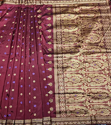 Assam Paat Silk Saree in Mulberry Wine with Gold & Lavender Motifs