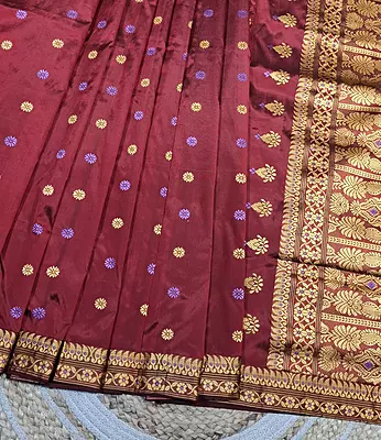 Assam Paat Silk Saree in Mulberry Wine with Gold & Lavender Motifs