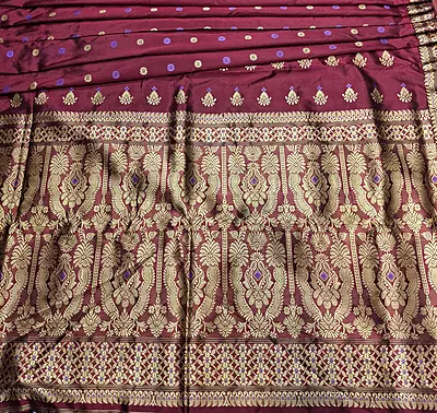 Assam Paat Silk Saree in Mulberry Wine with Gold & Lavender Motifs