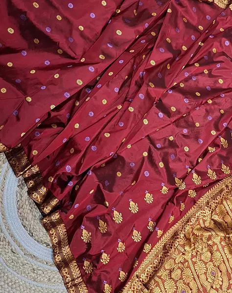 Assam Paat Silk Saree in Mulberry Wine with Gold & Lavender Motifs