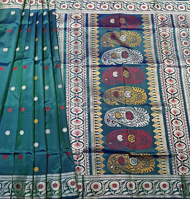 Color Blue Green Dual Tone Revival Baluchari Saree