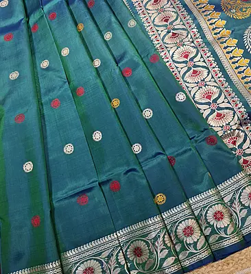 Color Blue Green Dual Tone Revival Baluchari Saree