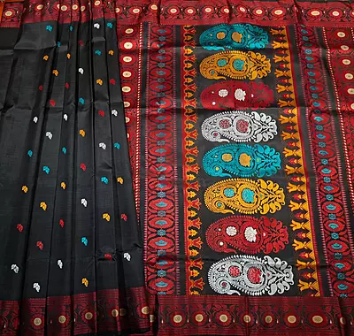 Jet black body red border multiple meena work Baluchari saree Jet black body red border multiple meena work Baluchari saree