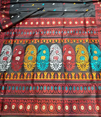 Jet black body red border multiple meena work Baluchari saree Jet black body red border multiple meena work Baluchari saree
