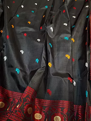 Jet black body red border multiple meena work Baluchari saree Jet black body red border multiple meena work Baluchari saree