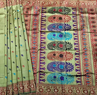 Olive green body red border multiple meena work Baluchari saree Olive green body red border multiple meena work Baluchari saree