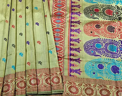 Olive green body red border multiple meena work Baluchari saree Olive green body red border multiple meena work Baluchari saree