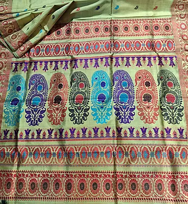 Olive green body red border multiple meena work Baluchari saree Olive green body red border multiple meena work Baluchari saree