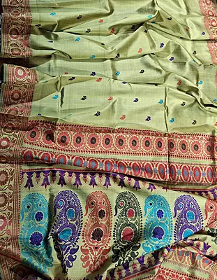 Olive green body red border multiple meena work Baluchari saree Olive green body red border multiple meena work Baluchari saree