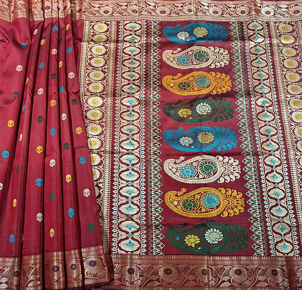 Revival Baluchari in reddish maroon pure Mulberry silk Revival Baluchari in reddish maroon pure Mulberry silk