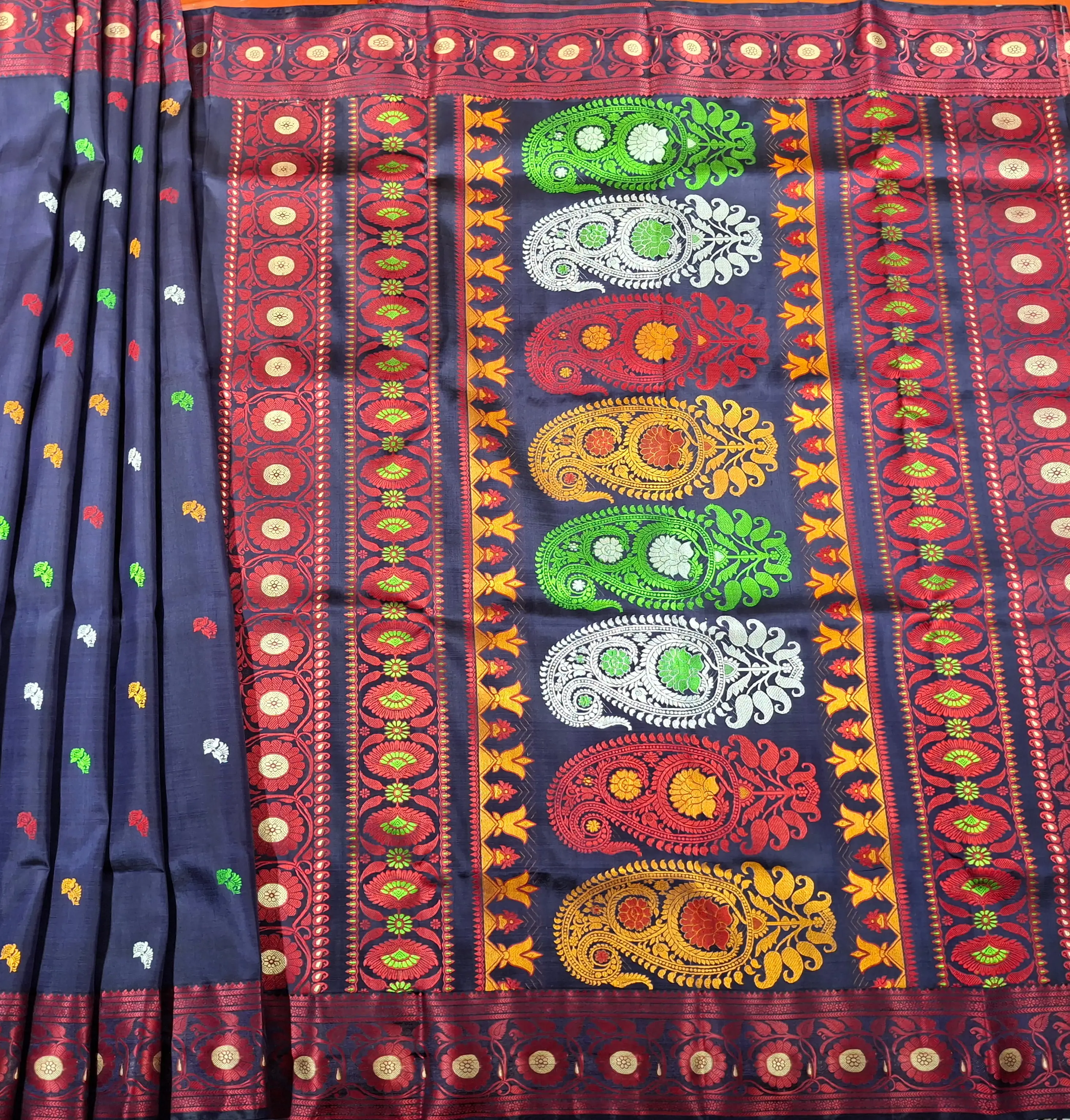 Navy blue body red border multiple meena work Baluchari saree Navy blue body red border multiple meena work Baluchari saree