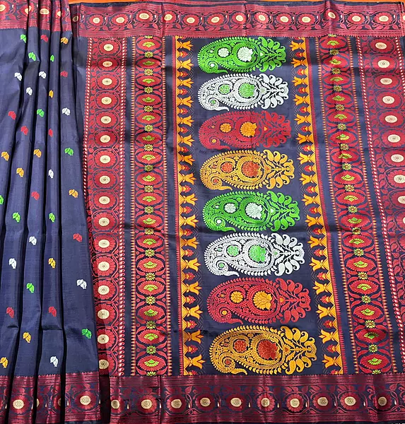 Navy blue body red border multiple meena work Baluchari saree Navy blue body red border multiple meena work Baluchari saree