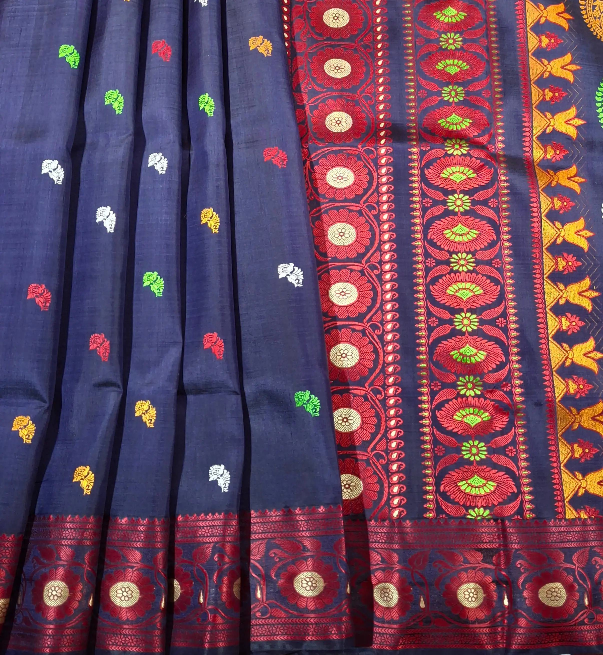 Navy blue body red border multiple meena work Baluchari saree Navy blue body red border multiple meena work Baluchari saree
