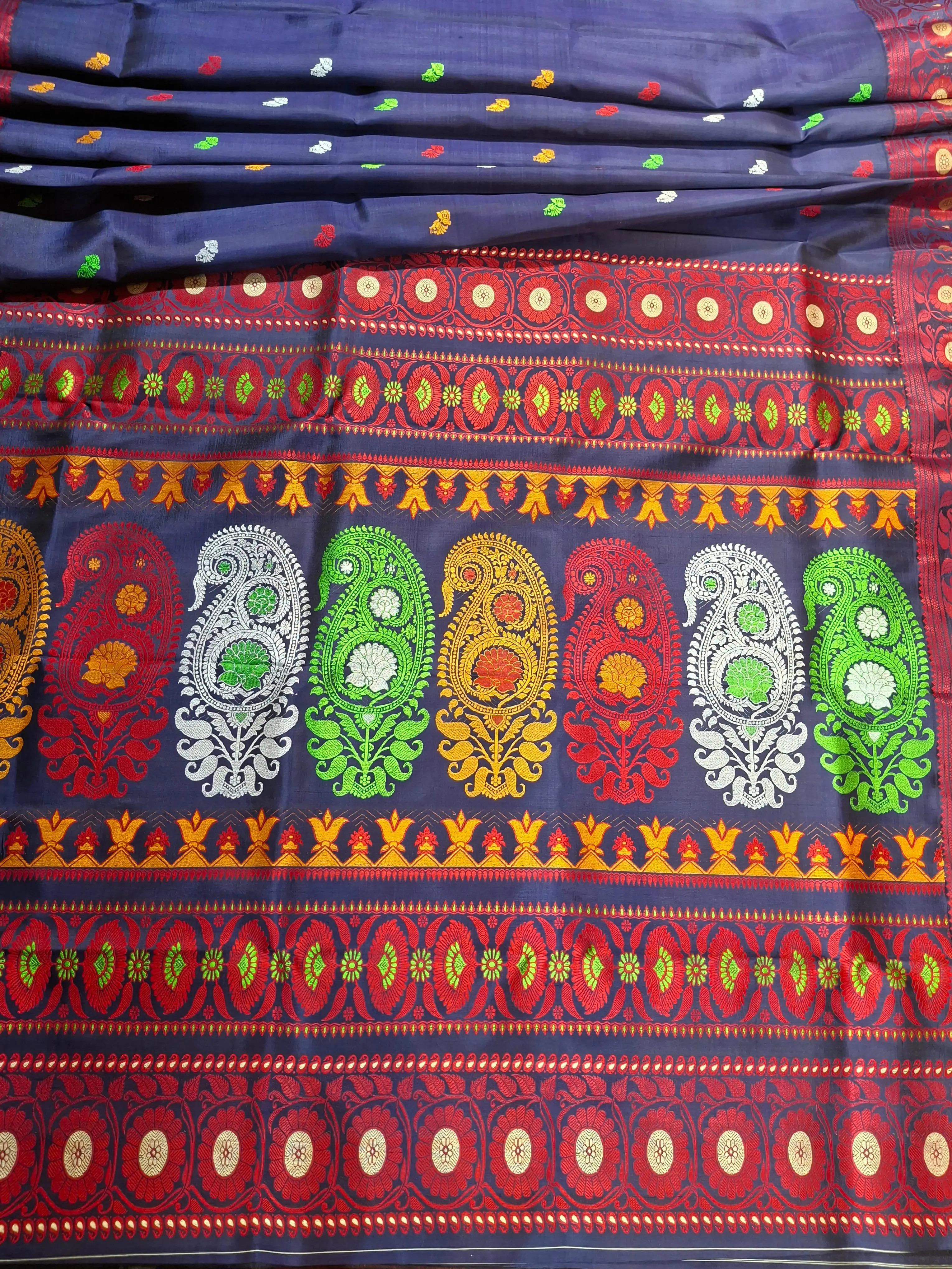 Navy blue body red border multiple meena work Baluchari saree Navy blue body red border multiple meena work Baluchari saree