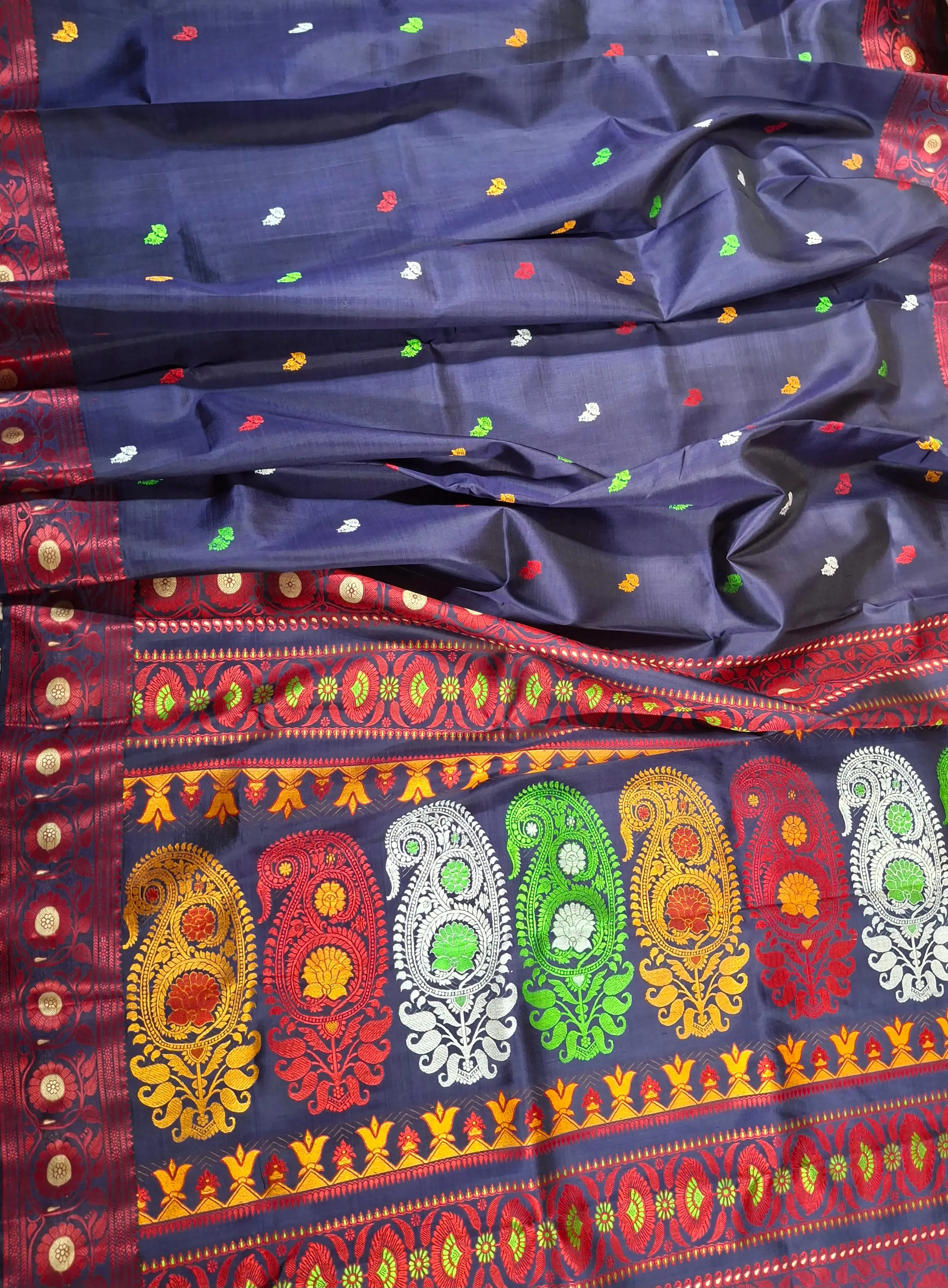 Navy blue body red border multiple meena work Baluchari saree Navy blue body red border multiple meena work Baluchari saree