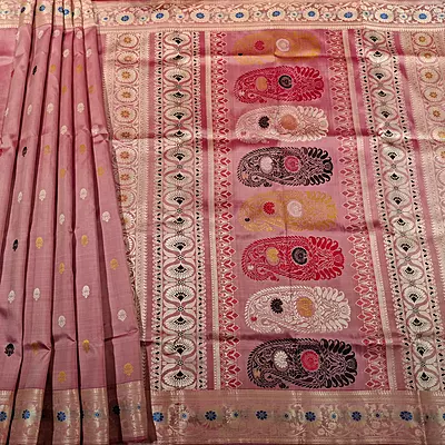 Rosy pink body off white border multiple meena work Baluchari saree Rosy pink body off white border multiple meena work Baluchari saree