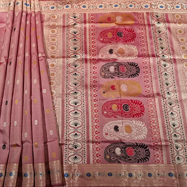 Rosy pink body off white border multiple meena work Baluchari saree Rosy pink body off white border multiple meena work Baluchari saree