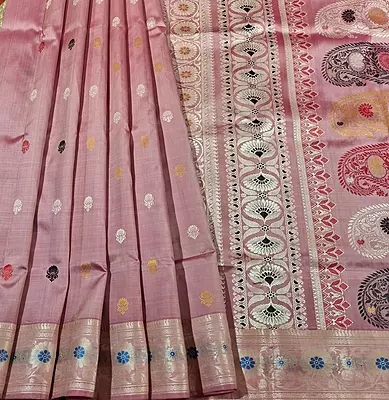Rosy pink body off white border multiple meena work Baluchari saree Rosy pink body off white border multiple meena work Baluchari saree