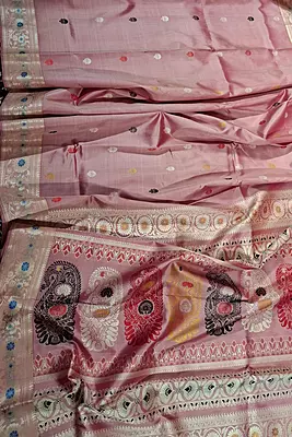 Rosy pink body off white border multiple meena work Baluchari saree Rosy pink body off white border multiple meena work Baluchari saree
