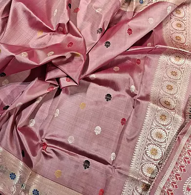 Rosy pink body off white border multiple meena work Baluchari saree Rosy pink body off white border multiple meena work Baluchari saree
