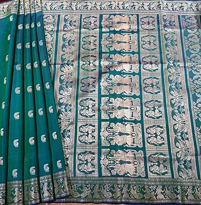 Blue green dual tone body color with beige motif pure Mulberry silk Baluchari saree