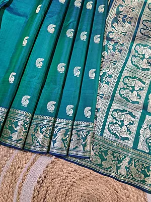 Blue green dual tone body color with beige motif pure Mulberry silk Baluchari saree
