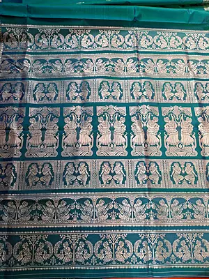 Blue green dual tone body color with beige motif pure Mulberry silk Baluchari saree
