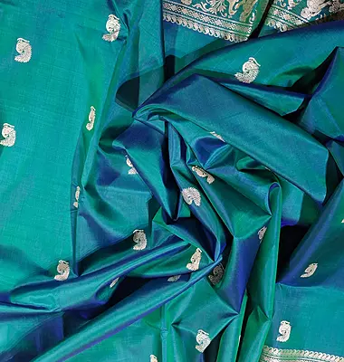 Blue green dual tone body color with beige motif pure Mulberry silk Baluchari saree