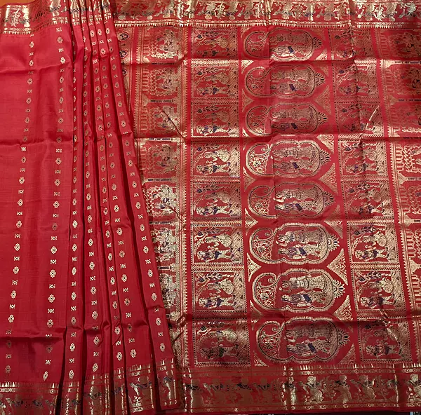 Figurine motif 2000 buta Swarnachari Dark red with golden zari