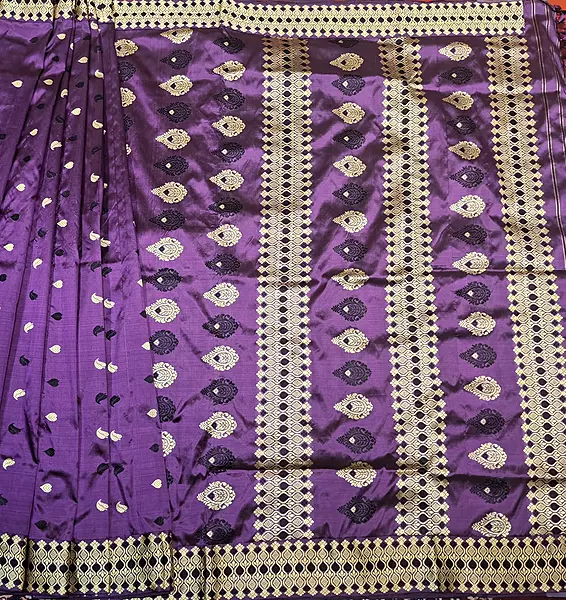 Assam Paat Silk Saree in dark Aubergine with Black and Mustard Woven Motifs Assam Paat Silk Saree in dark Aubergine with Black and Mustard Woven Motifs