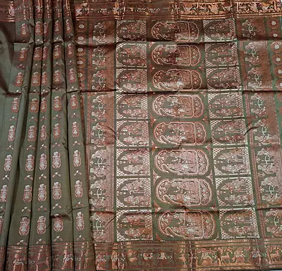 Figure motif Swarnachari Color Vintage moss saree with antique copper zari