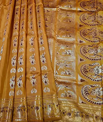 Figure motif Swarnachari Color Golden mustard saree with antique copper zari