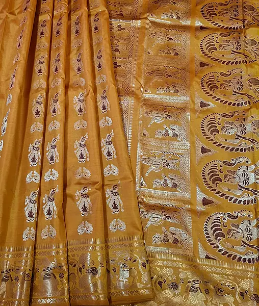 Figure motif Swarnachari Color Golden mustard saree with antique copper zari