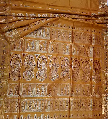 Figure motif Swarnachari Color Golden mustard saree with antique copper zari