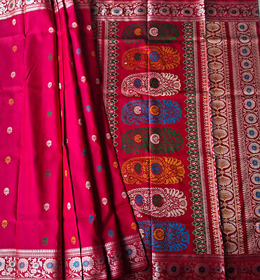Red Rani Pink Dual Tone Revival Baluchari in pure Mulberry silk Red Rani Pink Dual Tone Revival Baluchari in pure Mulberry silk