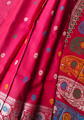 Red Rani Pink Dual Tone Revival Baluchari in pure Mulberry silk Red Rani Pink Dual Tone Revival Baluchari in pure Mulberry silk