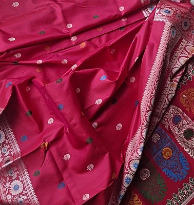 Red Rani Pink Dual Tone Revival Baluchari in pure Mulberry silk Red Rani Pink Dual Tone Revival Baluchari in pure Mulberry silk