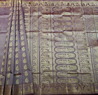 Snowy Lavender color pure Mulberry silk Baluchari saree.