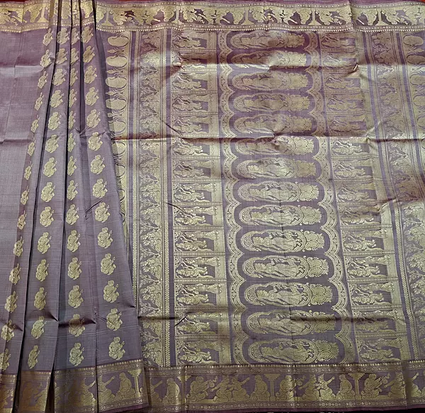 Snowy Lavender color pure Mulberry silk Baluchari saree.