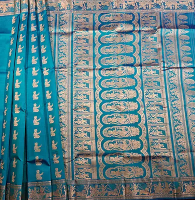 Feroza Royal blue dual tone pure Mulberry silk Baluchari saree.