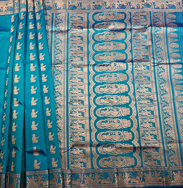 Feroza Royal blue dual tone pure Mulberry silk Baluchari saree.