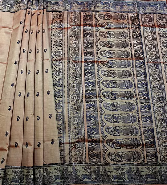 Peachy orange dual tone pure Mulberry silk Baluchari saree.