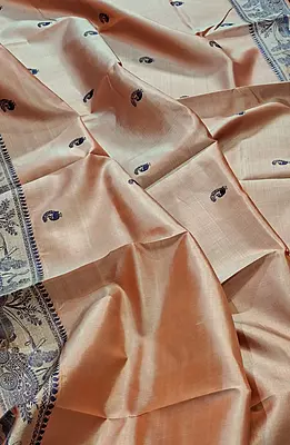 Peachy orange dual tone pure Mulberry silk Baluchari saree.
