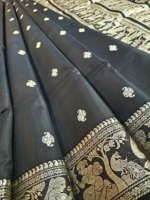 Jet black colour pure Mulberry silk Baluchari saree